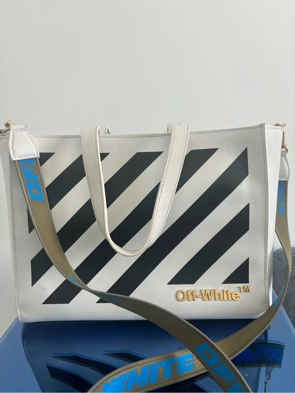 Off-White White and Black Diagonal Stripe Tote with Branded Strap